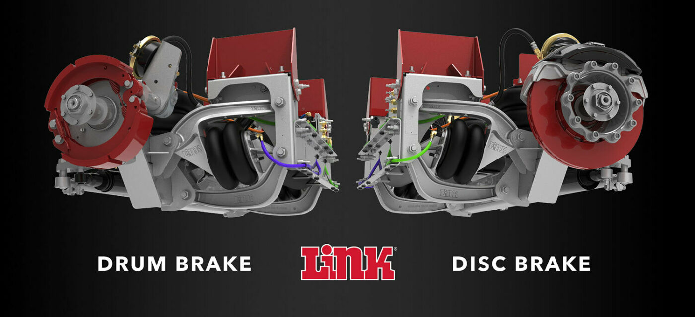 Two renderings of the link 13.5k steerable lift axle featuring the drum brake and disk brake