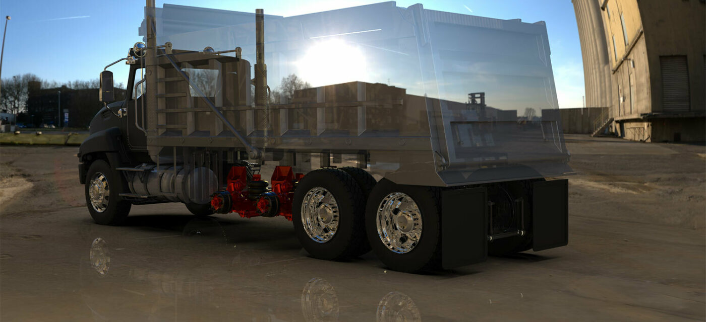 A rendering of a dump truck with two Link lift axles, the dump truck slightly transparent as to show the landscape in the image