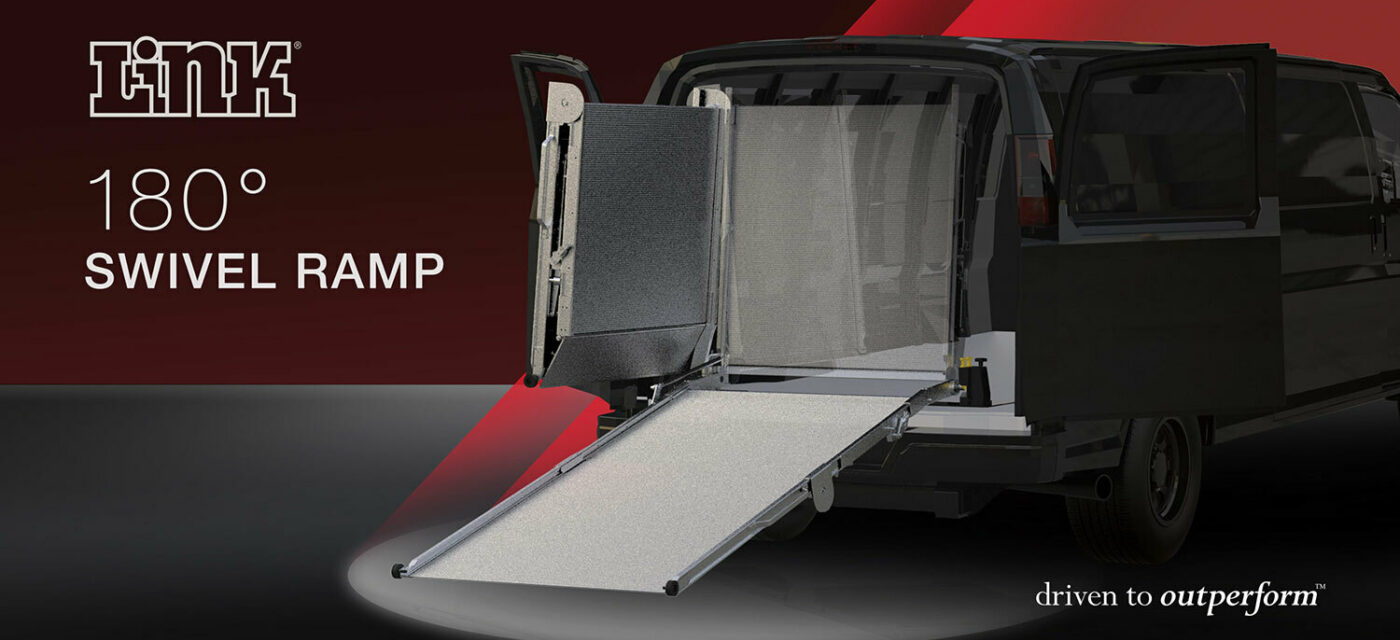 A rendering of a cargo van demonstrating the Link Swivel Ramp's 180 degree swivel capability