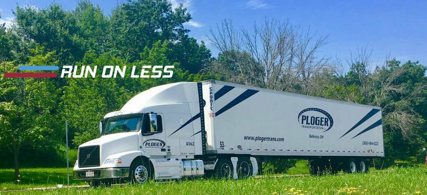 A Ploger Transportation semi truck and trailer with the Run on Less logo overlaid