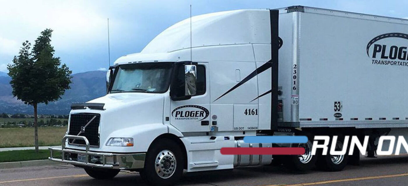 Run on Less header featuring a Ploger Semi truck hauling a ploger trailer