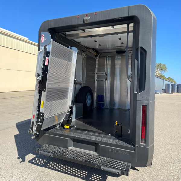 A box truck with a LSR90 Swivel Ramp swiveled outwards for complete cargo access