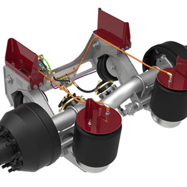 A close up on four interchangeable ride height frame brackets on a non-steerable auxiliary suspension