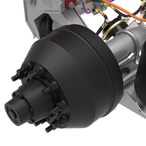 Close up on the hub of a non-steerable lift axle examining stud length