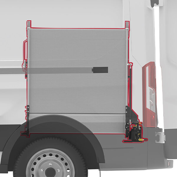 A rendering of the Link Swivel Ramp rotated 90 degrees inward to store behind the wheel well