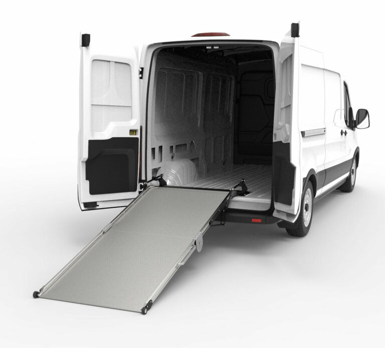 LB20 Aluminum bifold mounted ramp unfolded and deployed from cargo van