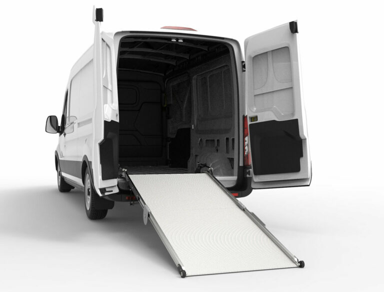 LB20 Aluminum bifold mounted ramp unfolded and deployed from cargo van