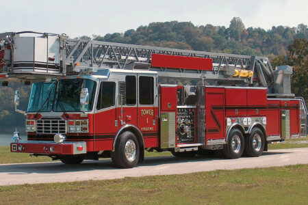 A ladder fire truck with an Air Link chassis suspension equipped