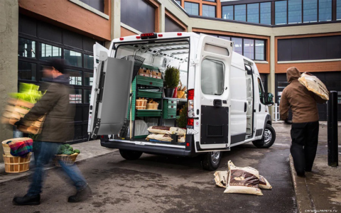 A Link Swivel Ramp swiveled 90 degrees outside of a Ram Promaster delivering produce.