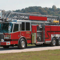 A ladder fire truck with an Air Link chassis suspension equipped