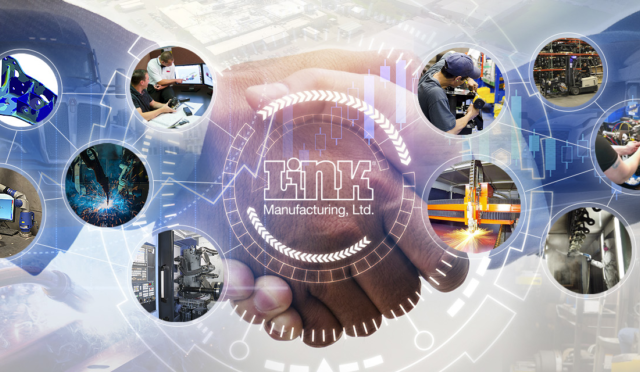 Hands shaking with Link's logo and photos of manufacturing processes