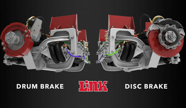 Two renderings of the link 13.5k steerable lift axle featuring the drum brake and disk brake