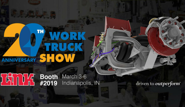The expo floor of the NTEA Work Truck Show with the show logo, Link's logo, and a lift axle rendering overlaid
