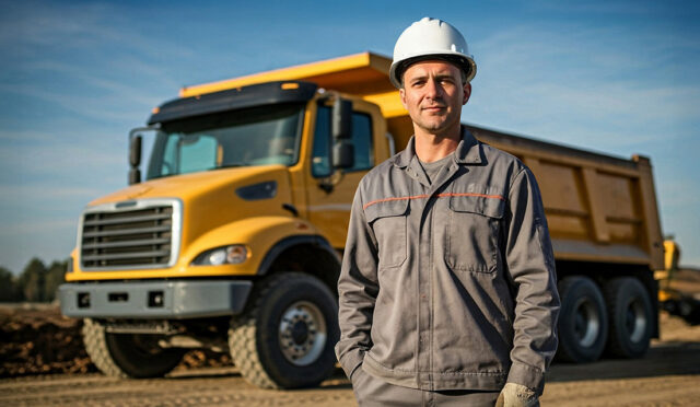 A man in a grey uniform and hardhat standing in front of a yellow dump truck at a dirt worksite