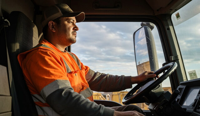 A vocational driver in the cab of a dump truck looking outside the windshield
