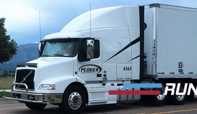 Run on Less header featuring a Ploger Semi truck hauling a ploger trailer