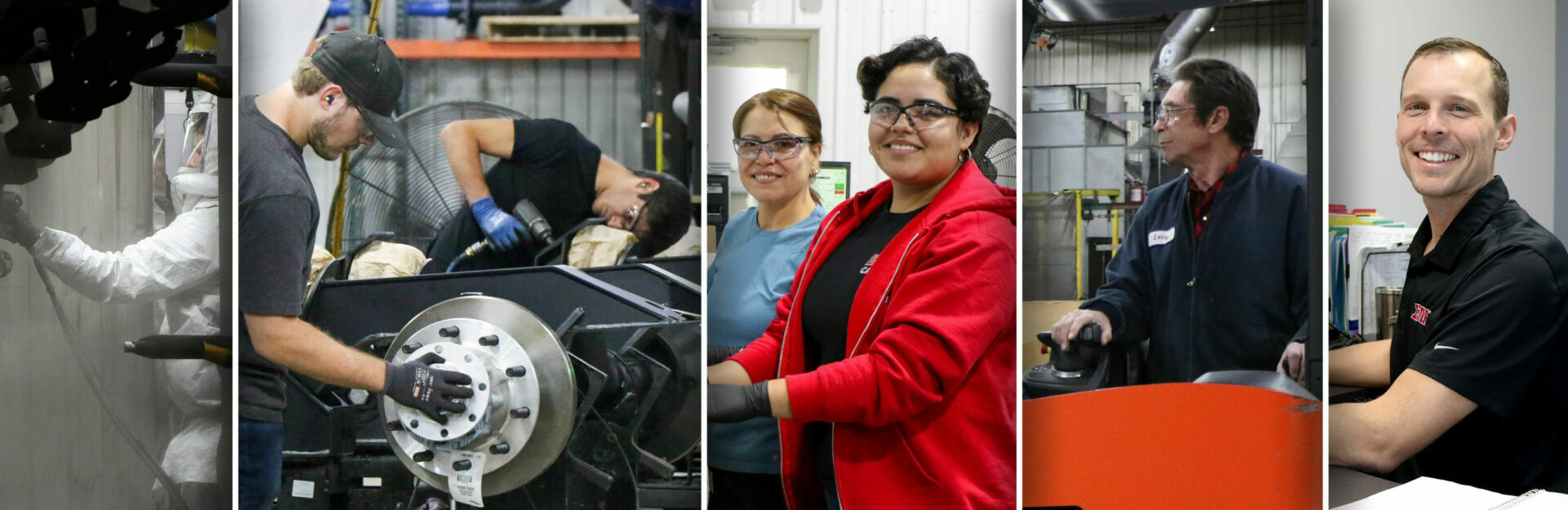A photo-collage featuring employees from Link's paint line, auxiliary axle, Cat's Eye, shipping and manufacturing engineering teams.