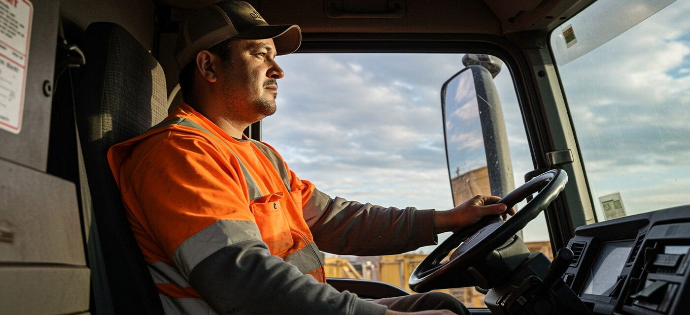 A vocational driver in the cab of a dump truck looking outside the windshield