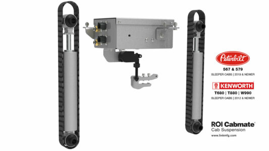 Rendering of the ROI Cabmate model for PACCAR with the Peterbilt and Kenworth models and logos, along with the ROI Cabmate logo