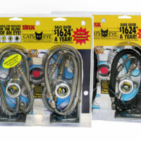 Two steel hose Cat's Eye units in a bubble pack in front of two rubber hose Cat's Eye units in a bubble pack