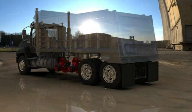 A rendering of a dump truck with two Link lift axles, the dump truck slightly transparent as to show the landscape in the image