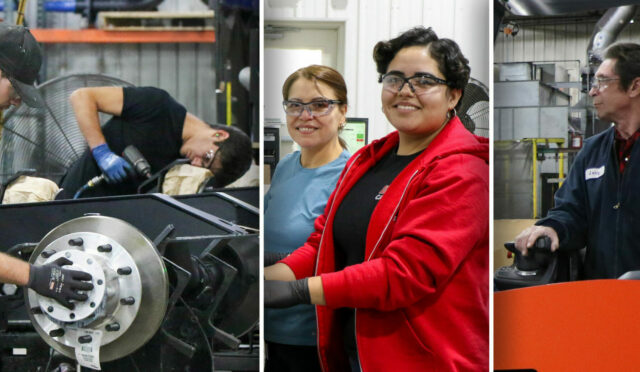 A photo-collage featuring employees from Link's paint line, auxiliary axle, Cat's Eye, shipping and manufacturing engineering teams.